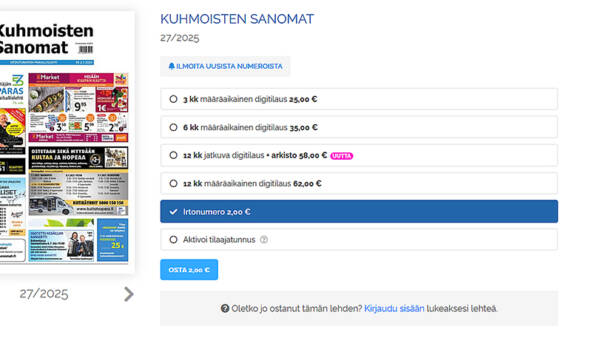 Kuhmoisten Sanomien näköislehden etusivu Lehtiluukussa näyttää tältä.